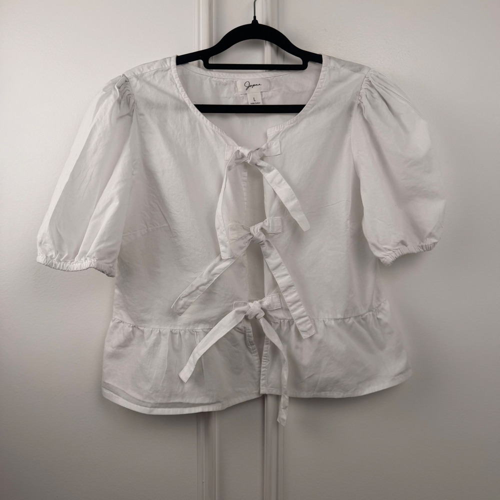Japna White Cotton Tie Front Puff Sleeve Peplum Blouse Top L Cottagecore